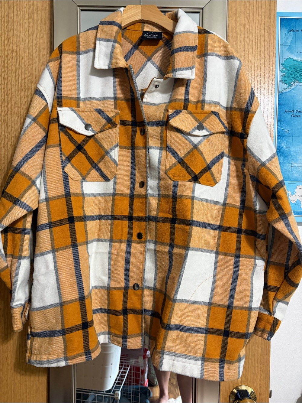 HFX Size XXL Orange, White and Gray Plaid Snap-Up Pockets Warm Shacket